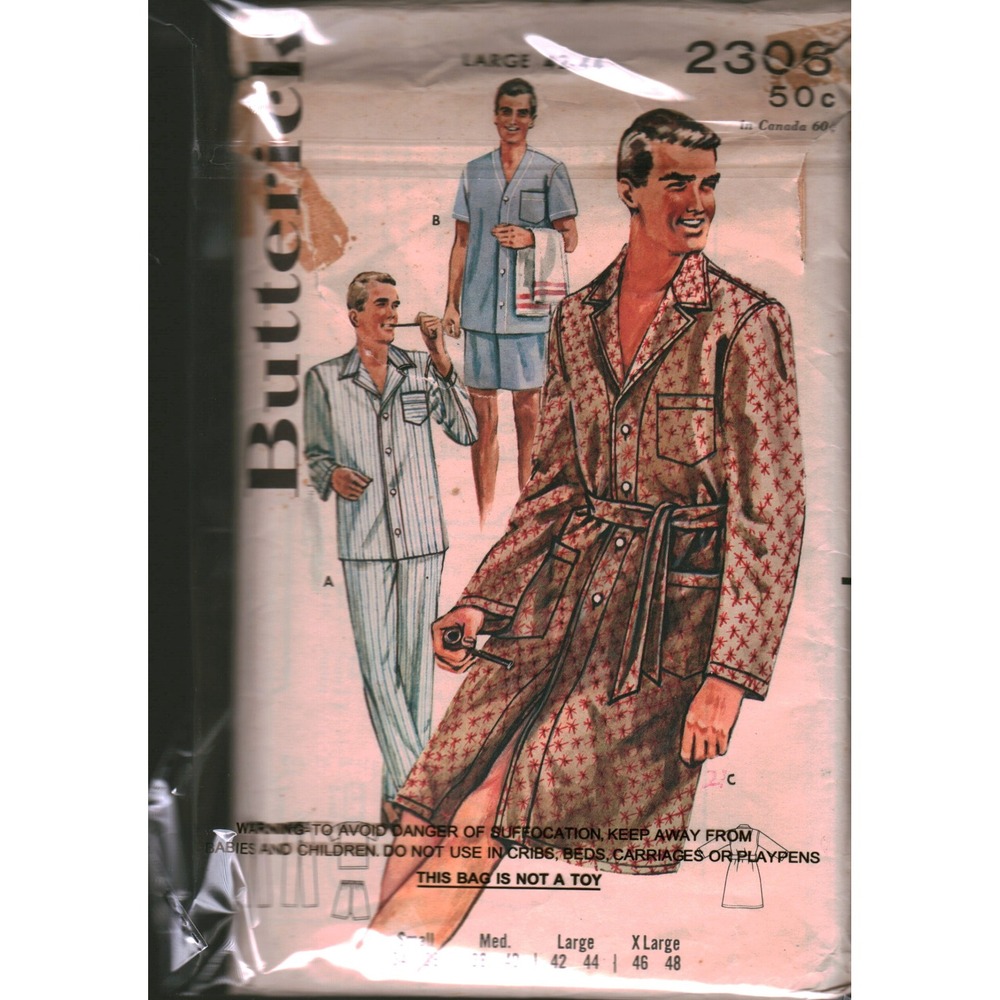 Vintage Butterick 2306 Mens Pajamas and Sleep Coat Sewing Pattern Sz Large 42-44